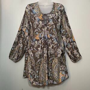 Free People Size Small Paisley Peasant Boho Tunic Dress Mini Lace Up Fairycore